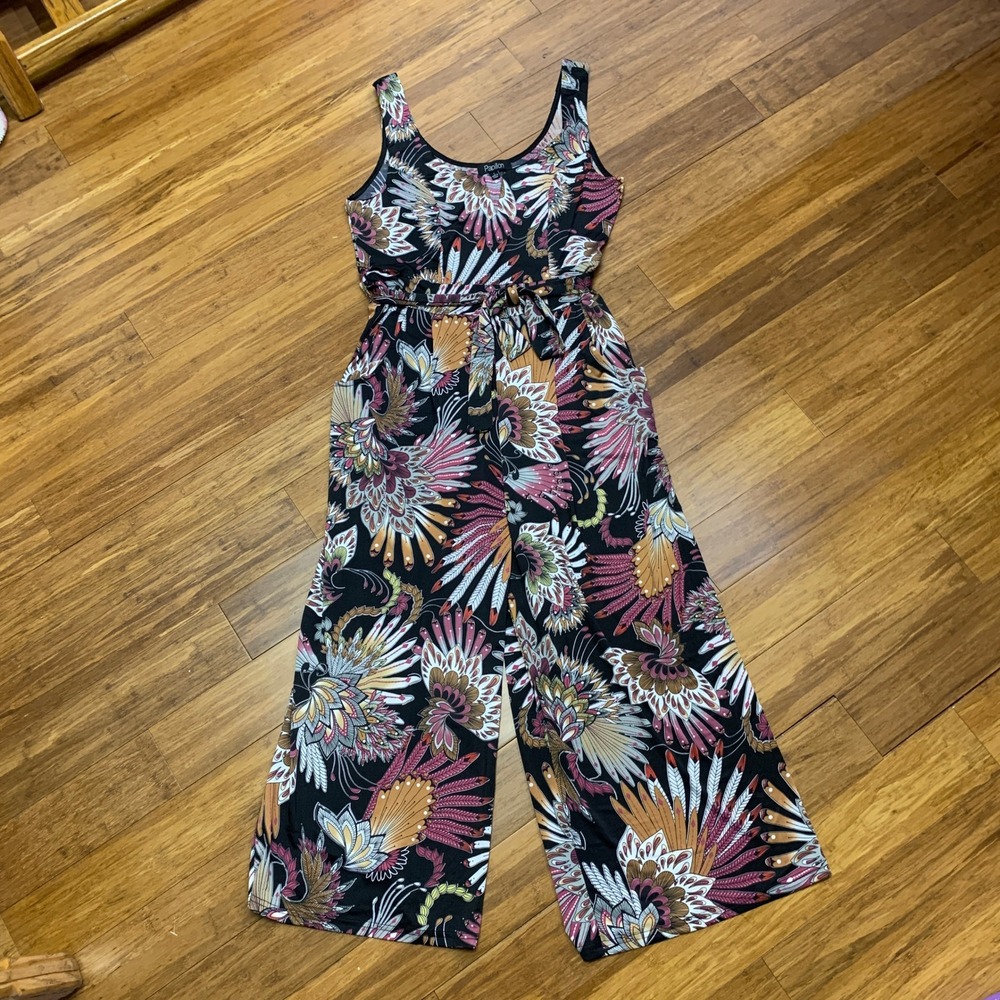 Papillon Women Black Multi Color Boho Feather Print Wide Leg Jumpsuit Size‎ L